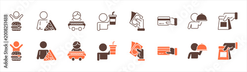 Cuadro en lienzo Customer food ordering icon line set burger pizza hotdog drink payment cash card