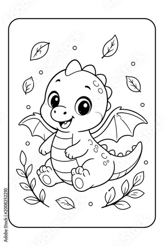 Cute Baby Dragon Coloring Page with Leaves and Twigs, Vector Illustration
