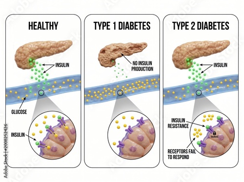 Comparative Illustration of Healthy Pancreas and Diabetes Types with Insulin Function and Resistance Explained