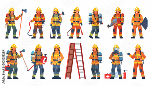 Flat Vector Illustrations of Firefighters with Equipment and Ladders Ready for Action