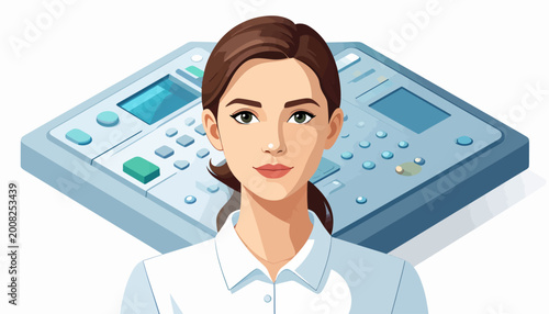 Flat Vector Illustration of a Female Climate Engineer Standing in Front of a Machine