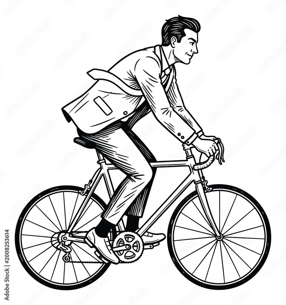 Fototapeta premium Suited professional cycling a road bike, ideal for illustrating urban commuting and active transport.