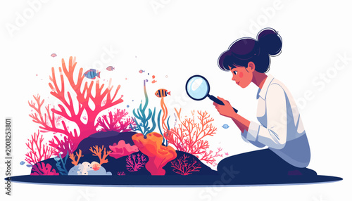 Dedicated marine scientist conducting detailed research on a vibrant coral reef, using a magnifying glass to explore the intricate beauty of underwater ecosystems