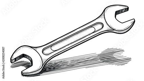 Fotografi Metal wrench tool hand drawn illustration sketch for repair maintenance and mechanical works isolated on white background with clean lines and detailed shading