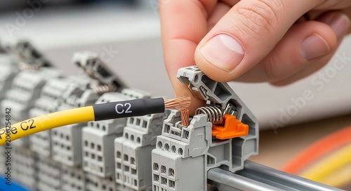 Close-up of a technician connecting Ethernet cables to a network switch in a data center.