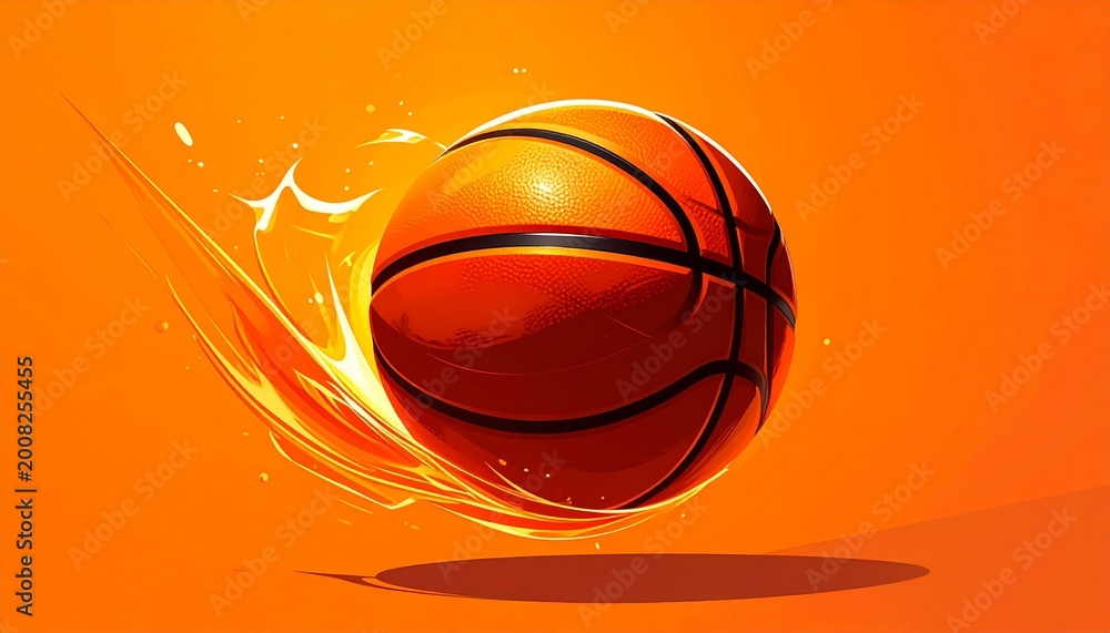 Obraz premium dynamic basketball in motion with fiery energy on vibrant orange backdrop