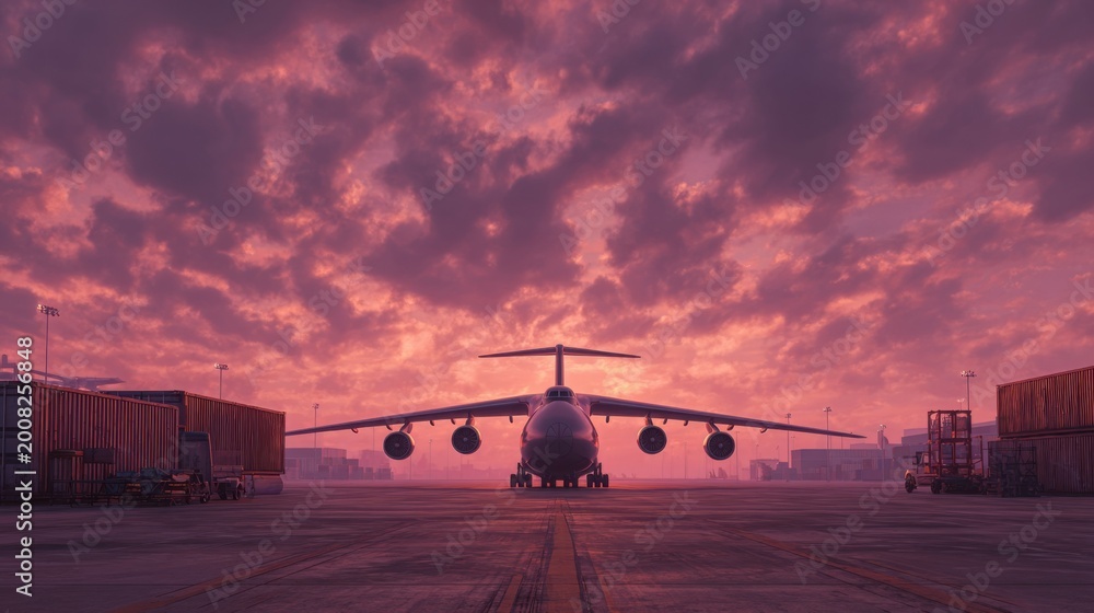 Fototapeta premium Majestic Aircraft on Tarmac with Stunning Pink and Purple Sunset Sky Above Industrial Scene at Airport