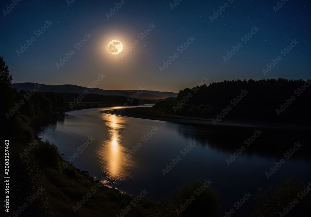 Obraz premium Serene lakeside moonrise over calm water at dusk with golden reflection