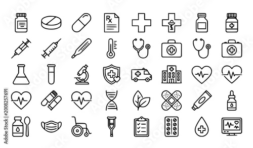 Foto Pharmacy and medical care outline icon set with medicine prescription healthcare