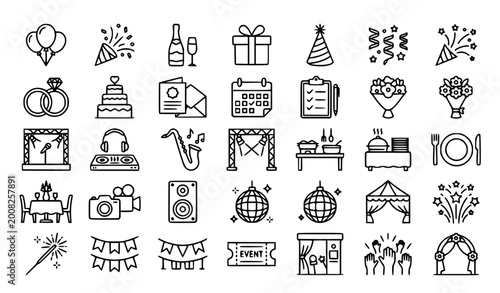 Foto Event planning and celebration outline icon set with wedding party decoration an