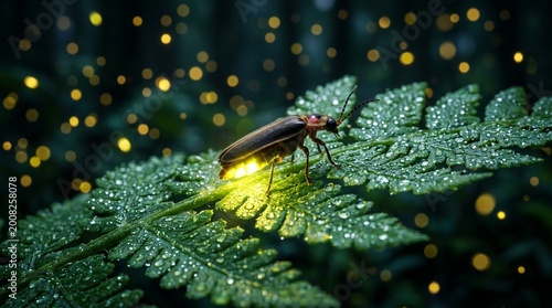 Extreme Macro Close Up of a Glowing Firefly on a Fern Leaf at Night