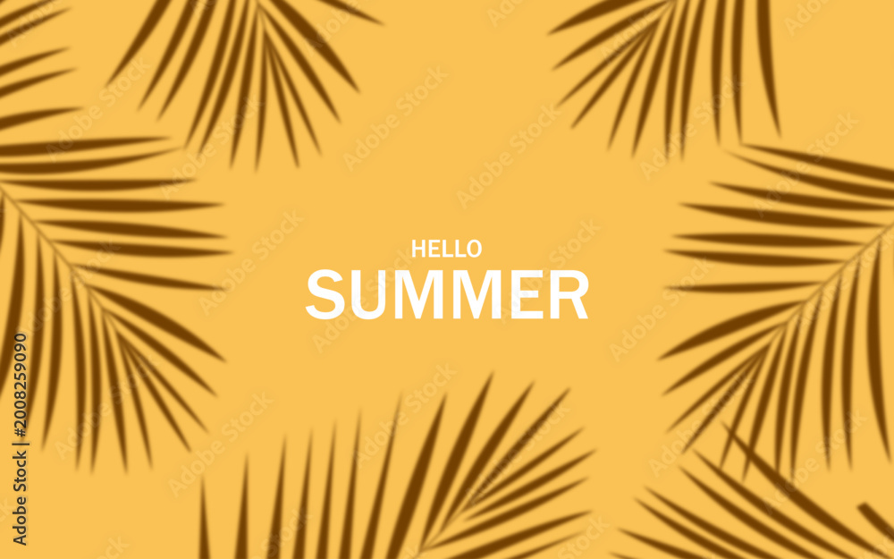 Fototapeta premium Hello summer background with palm leaf shadows. Isolated vector illustration of tropical plant leaf silhouettes on yellow background for seasonal travel, vacation banner, and poster design.