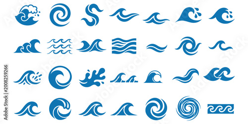 Photography Blue water wave and ocean splash icon set