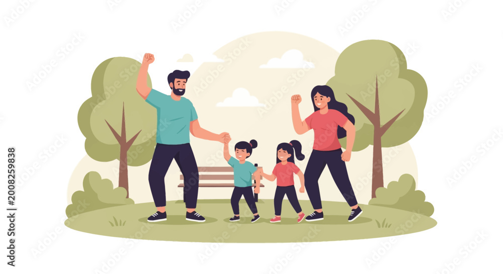 Fototapeta premium Flat vector illustration of a family including father, mother, and two daughters exercising and jogging in a public park with green trees, a wooden bench, and simple sky background