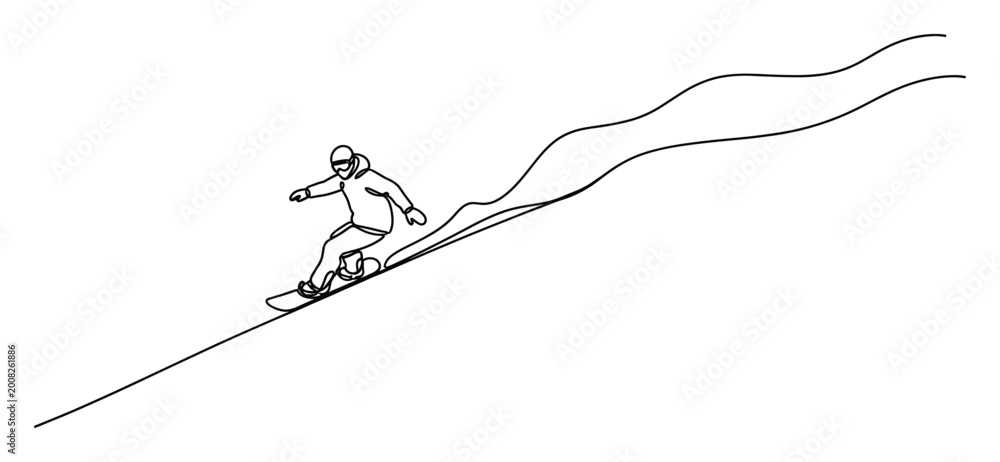 Fototapeta premium Continuous line drawing of snowboarder navigating mountain slope for dynamic sports graphics