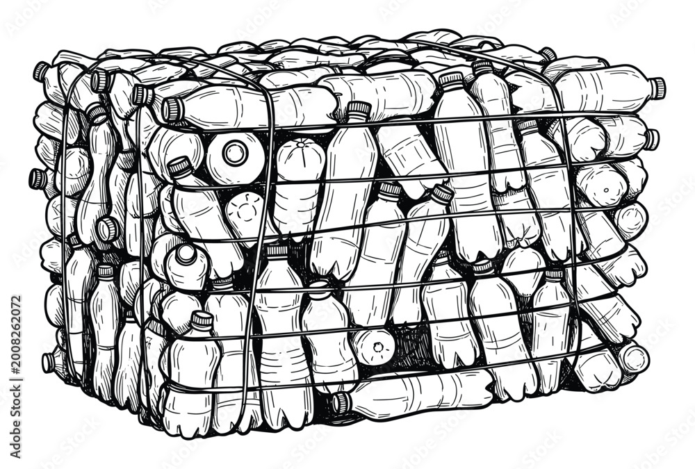 Fototapeta premium Compressed plastic bottles baled with wire, depicting waste management and recycling solutions.