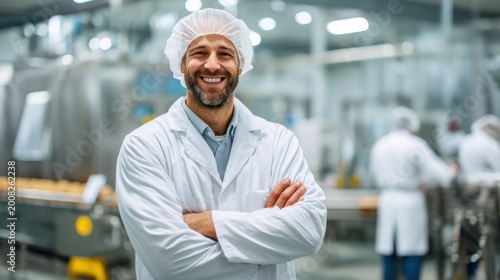 Smiling worker poses in production facility