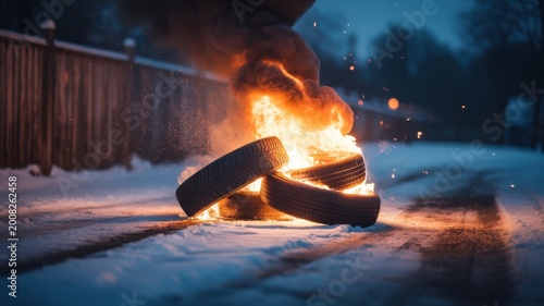 Burning tires on snow at night