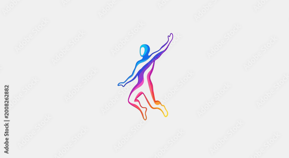 Obraz premium Vibrant Human Silhouette Jumping with Rainbow Colors on White Background