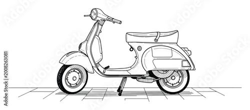 Detailed line drawing of an oldfashioned motor scooter conveying timeless style for print and web applications