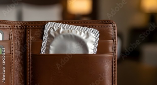 Condom in silver foil wrapper inside brown leather wallet, safe sex and contraception concept, male sexual health and protection in hotel room