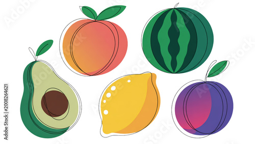 Quadro su tela Colorful selection of five fresh tropical fruits arranged together Vector