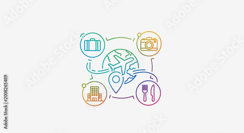 Travel icons around globe with airplane: luggage, camera, food, hotel, map pin