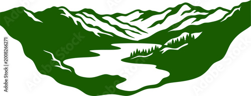 High mountain peaks overlooking a forest lake vector can Editable