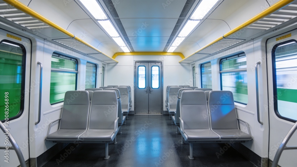 Naklejka premium Interior view of a modern public transportation train with empty gray seats
