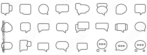 Speech bubble line icons collection with chat message and conversation symbols, dialogue cloud bubbles, talk bubble signs, clean editable stroke vector illustration set.
