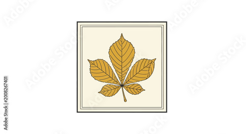 Stylized golden-brown palmate leaf, possibly a horse chestnut, centered in a square frame with a double border on a light background.