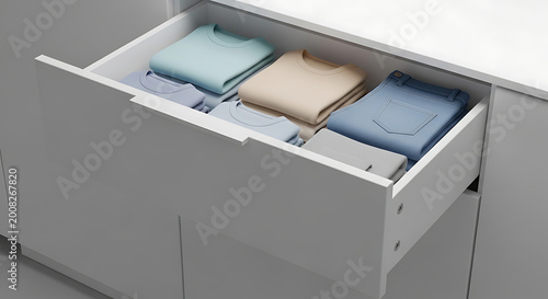 A stylized 3D render of a drawer with clothes inside, featuring smooth textures and simplified shapes.