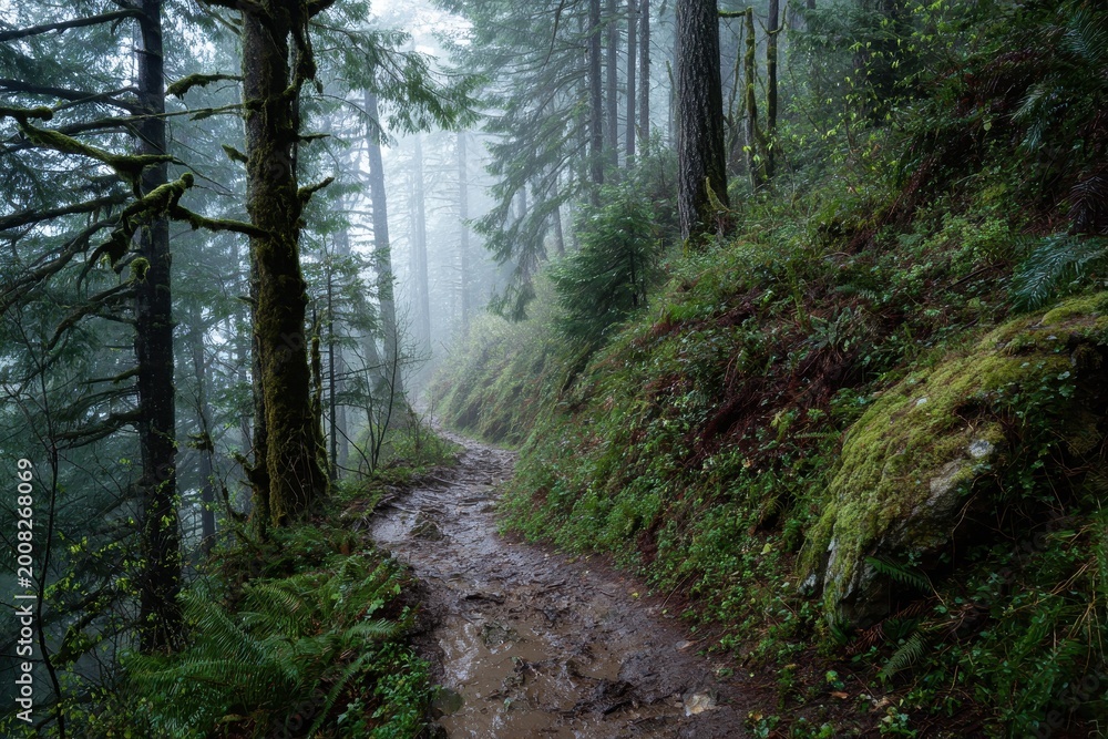 Fototapeta premium Muddy forest trail winding through a misty woodland