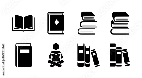 Books and libraries icons set with open book, bookmarks, stacked volumes, and learning symbols in clean flat style