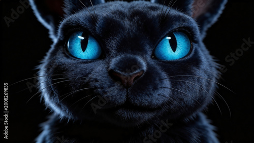 Black rabbit with glowing blue eyes in dark cinematic studio lighting