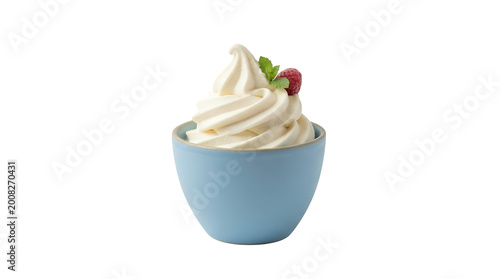 Yogurt, dessert, frozen yogurt, blue bowl, white yogurt, healthy snack isolated on Transparent Background