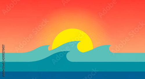 Stylized illustration of a vibrant sunset over the ocean with rolling blue waves and a warm orange sky.