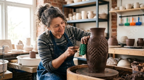 Woman creating a vase in a pottery studio