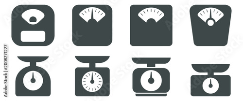 Weight scale icon set featuring simple kitchen and fitness scale symbols, black flat silhouette design, kilogram measurement tools, body weight and health tracking concepts, clean vector illustration.
