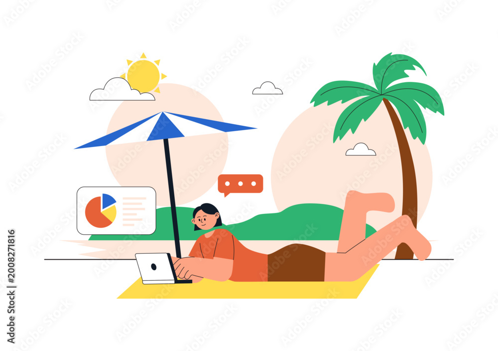 Obraz premium Digital Nomad Lifestyle Illustration Featuring Remote Work Travel With Laptop, Online Communication, Beach Office, and Global Connectivity Design