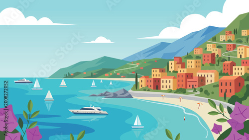 Harbor Dreams Mediterranean Beach Flat Design Illustration