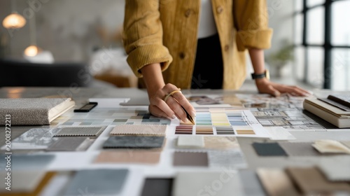 Designer examining color samples and plans