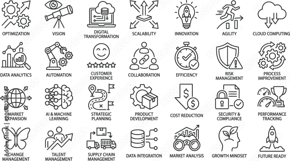 Fototapeta premium Business icons, finance symbols, marketing signs, productivity graphics, 40 line icons