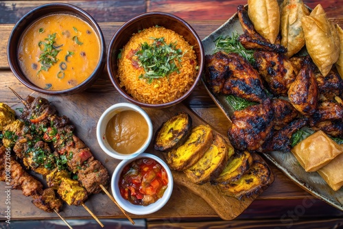 Top-down arrangement of West African dishes: jollof rice, peanut soup, chicken wings, plantains, kebabs and meat pies