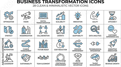 Business transformation icons, minimalistic vector graphics, 28 clean business icons, optimization symbols