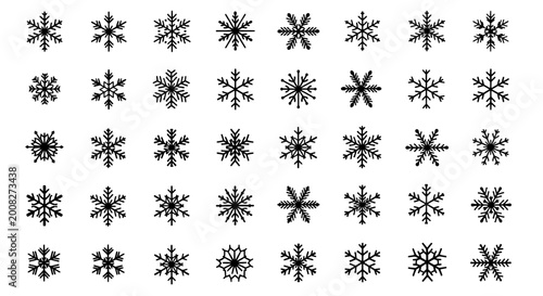 Snowflakes line vector set with intricate burst effects and detailed patterns featuring winter, cold, ice with frost and snow elements for holiday,