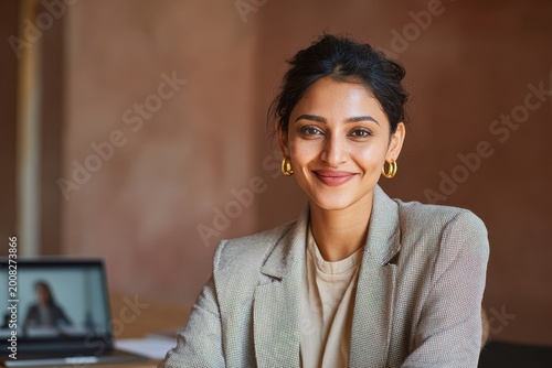 Professional Indian woman portrait for a corporate profile against a neutral office backdrop