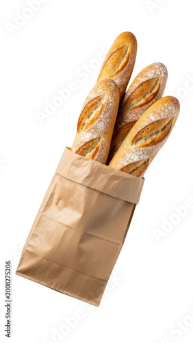 Fresh baguettes in paper bag isolated on transparent background