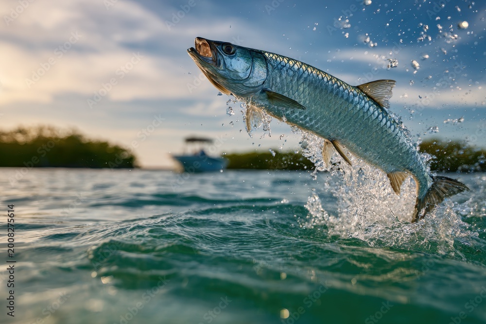 Obraz premium Silver Atlantic tarpon surfacing in turquoise Floridian waters