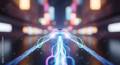 Futuristic neon light tunnel abstract background.